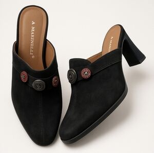 A. Marinelli ✦ Black Leather & Suede Heels ✦ Slip-On Pointed Toe Square Heel 7.5